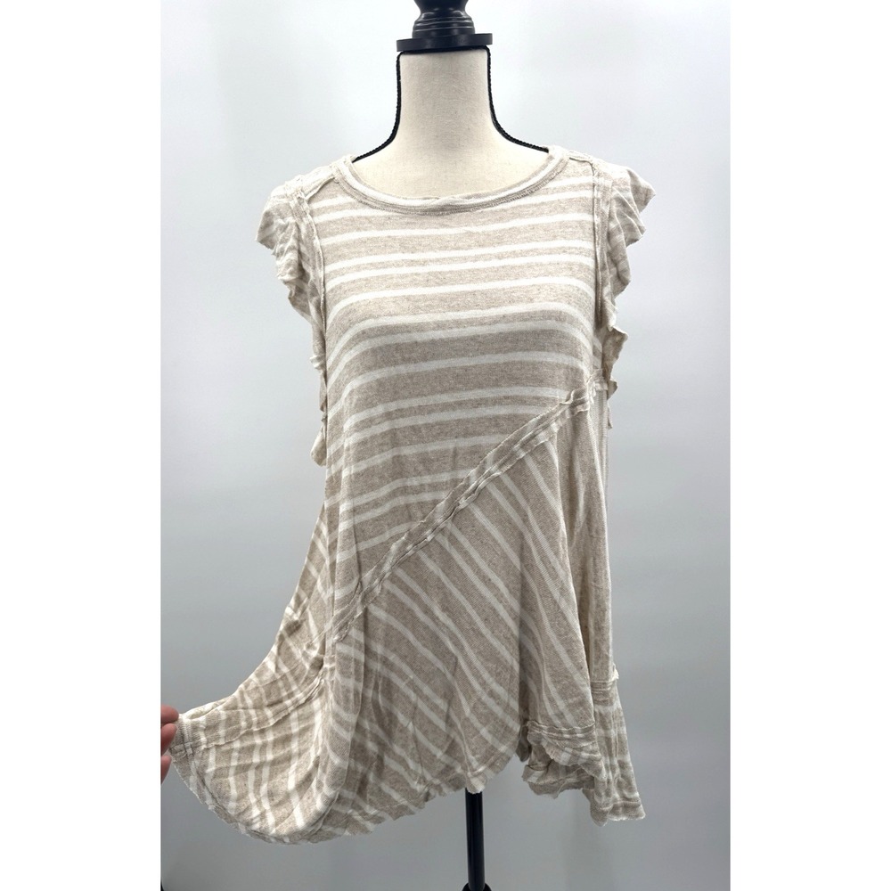 Free People Stripe Linen Tunic Women Medium Asymmetrical Neutral Boho Coastal
